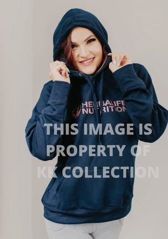 Navy blue pullover hoodie with rose gold glitter branding