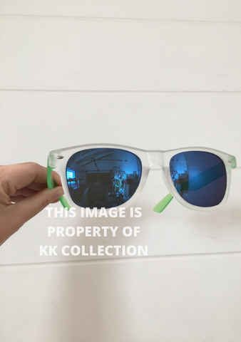 Blue reflective lens sunglasses with green detail