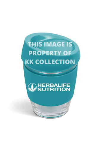Turquoise Glass travel cup with silicone lid and band