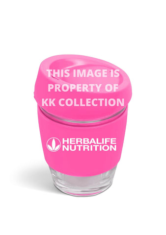 Pink Glass travel cup with silicone lid and band
