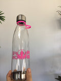 Clear bottle with pink tag and logo